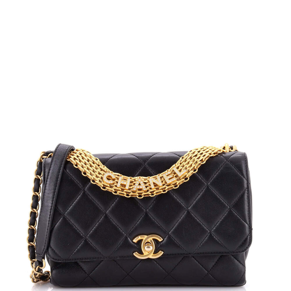 Chanel Medium Crystal Logo Letters Chain Handle Flap Bag Quilted Lambskin